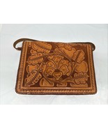 VINTAGE BROWN HAND-TOOLED LEATHER HANDBAG PURSE Embossed Floral Design/B... - $59.35
