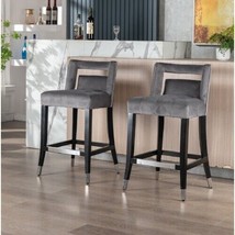 Suede Velvet Barstool With Nailheads Dining Room Chair 2 Pcs Set - Grey - £245.45 GBP