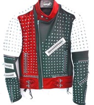 Unique Design Full Studded Biker Leather Coat Jacket Multicolor Custom M... - $159.99