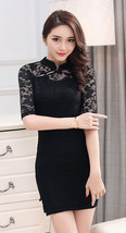 Unomatch Women Lace Stitched Shoulders Collar Neck Dress Black - $33.99