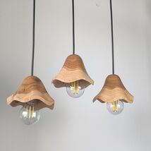 Set of 3 Almond Wood Pendant Lights, Handmade Wavy Edge Chandelier - $135.00