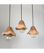 Set of 3 Almond Wood Pendant Lights, Handmade Wavy Edge Chandelier - $135.00