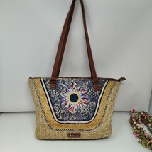 Sakroots Meadow Straw Tote Bag Blue Flower Blossom Medium Zip Top - $28.10 CAD