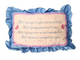 Handmade Cross Stitch Ruffle Pillow Lace Trim Butterfly 24x17 Vtg 90s Blue Mauve - £15.91 GBP