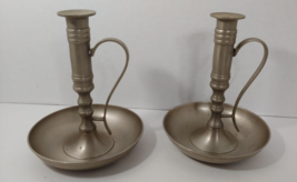 Pier 1 older metal candlesticks w/ handles possibly pewter or brushed nickel - £20.56 GBP