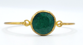 Brass Cuff Bangle Bracelet Green Jadeite Jade Gemstone - $37.62