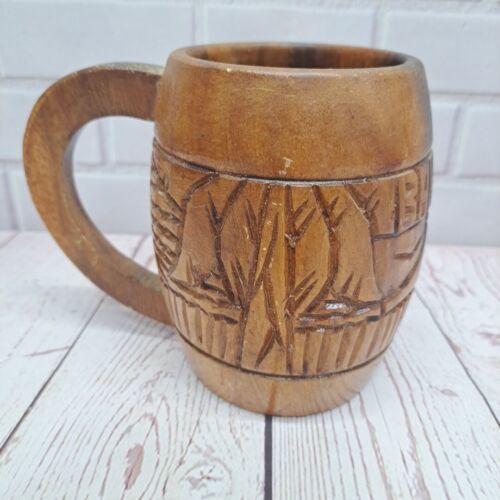 VTG Tiki Bar Wood Wooden Mug Cup Bahamas Brown Hand Carved - $9.75