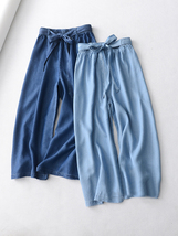 Dark Blue Denim Crop Wide Leg Pants Womens High Waisted Denim Palazzo Pants image 3