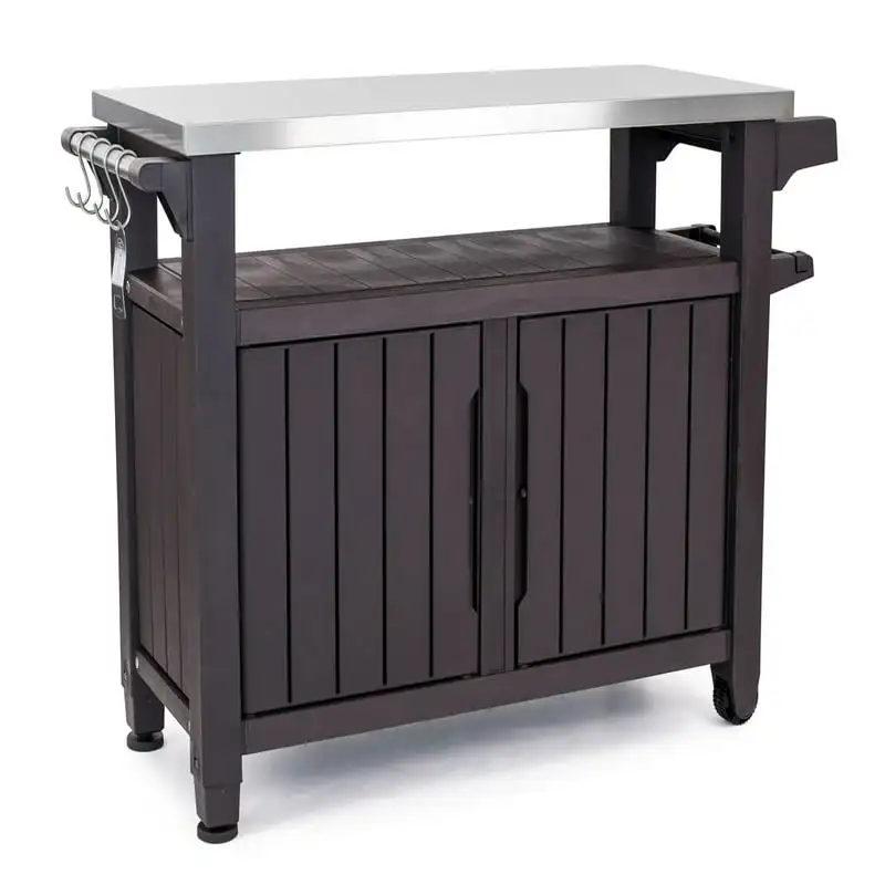 Portable Outdoor Table and Storage Cabinet with Accessory Hooks, Espresso Brown - £461.45 GBP