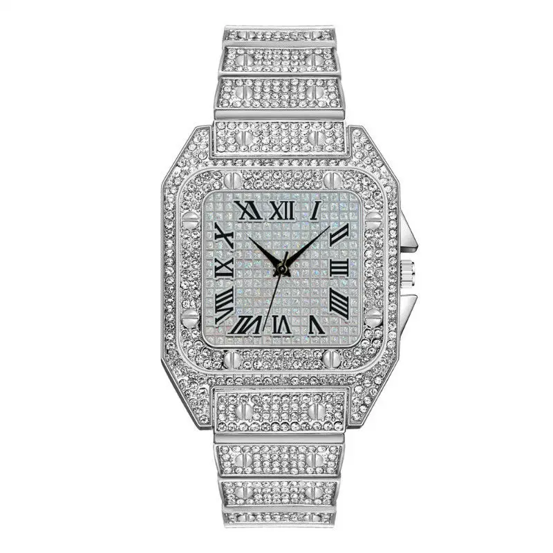 Men&#39;s    Rhinestone Roma Dial Square Watch for Men Stainless Steel   Masculino - £90.49 GBP