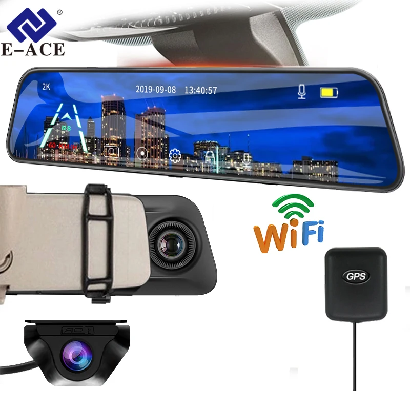 E-ACE 2K Stream Media Dash Camera Mirror 12&#39;&#39; Car DVR 1440P WiFi Video Recorder - £78.64 GBP+