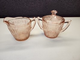 Cherry Blossom Pink Sugar w/ Lid &amp; Creamer Jeannette Glass 1930-1939 - $34.19