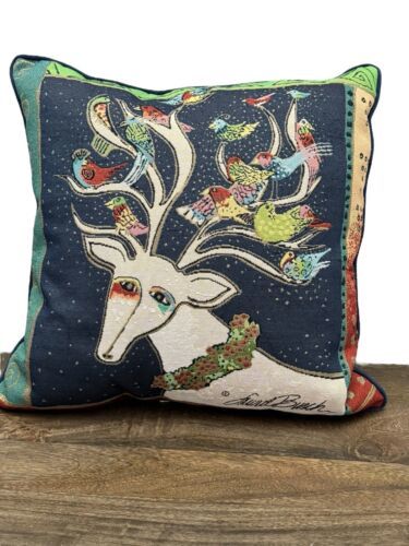Laurel Burch Tapestry Throw Pillow Deer & Birds Reindeer 18" Square Velvet Back - $23.09