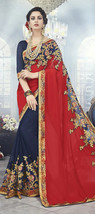 Designer Embroidered Zari Resham Saree Indian Faux Georgette Red Blue Party Wear - £119.89 GBP