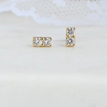 14K Yellow Gold Plated Round Simulated Diamond Tiny Bar Stud Earrings Silver - £18.07 GBP