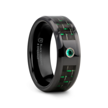 Men’s Black Ceramic Wedding Band w/ Green Carbon Fiber &amp; Emerald Accent - $177.00