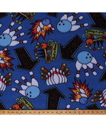 Bowling Balls Pins Vintage Bowling Alley Signs Blue Fleece Fabric Print ... - $6.97