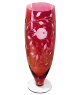 Vintage 1960&#39;s Boho Cranberry Flower &amp; Leaf Etched Blown Glass Clear Foo... - $40.61 CAD