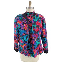Vtg 80s 90s Carlisle Set Black Floral 100% Silk Blouse + Quilted Silk Ja... - $97.02