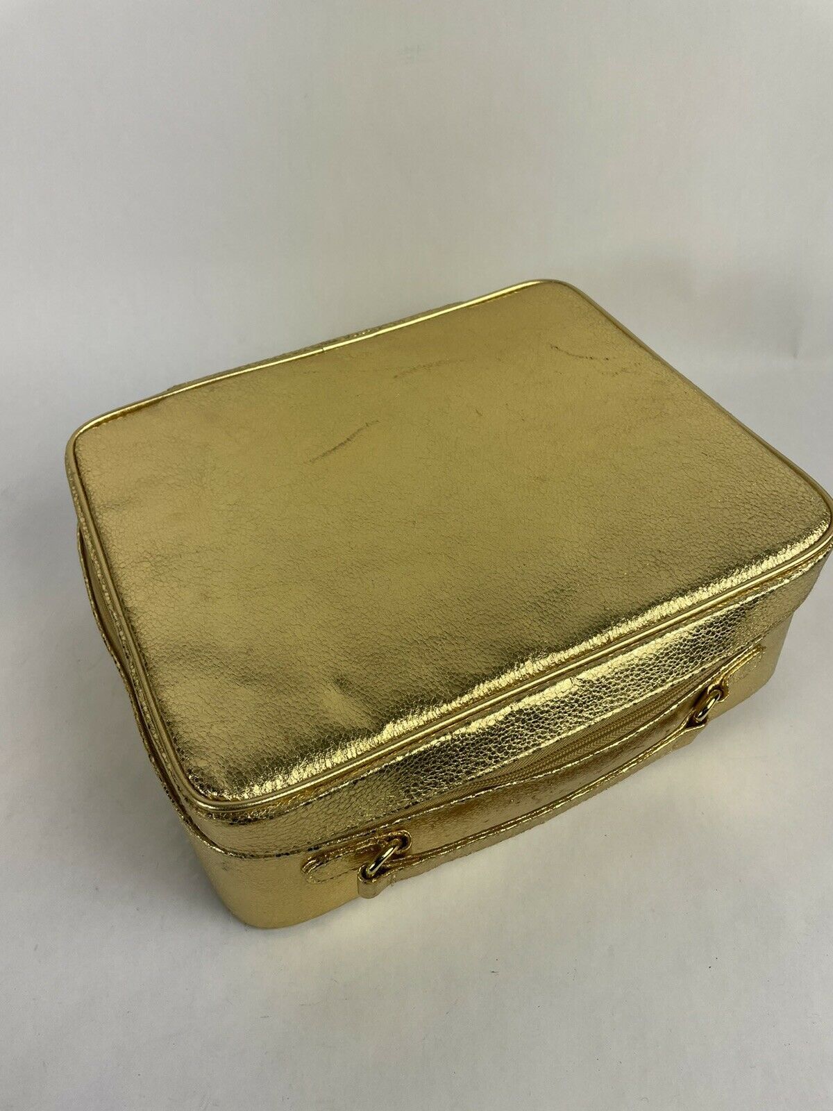 Primary image for Vintage Estee Lauder Gold Cosmetic Train Travel Case Bag Suitcase Metallic Soft