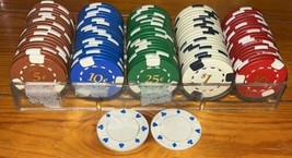 102 Vintage Poker Chips With Holder 5, 10, 25 Cents &amp; $1, $5 Chips , 2 B... - $18.70
