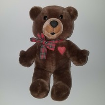 VTG Dakin Brown Teddy Bear Plush Scrubby Bear 1986 Red Heart Plaid Bow FADING - £19.21 GBP