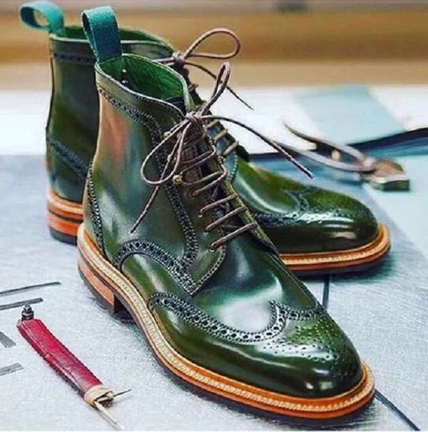 Primary image for Premium Quality Handmade Men's Genuine Green Italian Leather Lace up Wingtip Bro