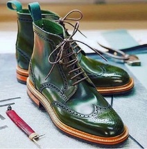 Premium Quality Handmade Men&#39;s Genuine Green Italian Leather Lace up Win... - £143.87 GBP