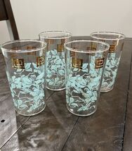 Anchor Hocking Glasses Pale Blue Hibiscus Floral Gold Greek Key Pattern ... - $29.69