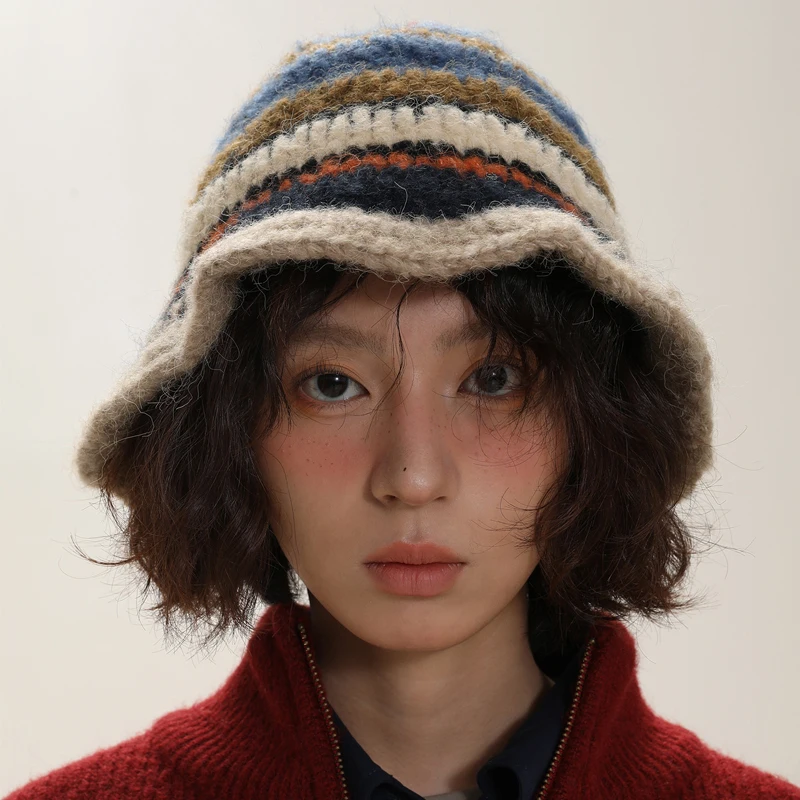Winter Korean Handmade Crochet Striped Bucket Hat Women Retro Contrast Color - £13.10 GBP+