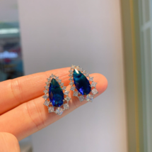 3.10Ct Pear Cut Blue Sapphire &amp; Diamond Halo Stud Earrings 14K White Gold Finish - £104.41 GBP
