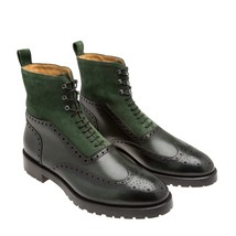  New Handmade men two tone boots, green suede boot for men, digger sole leather  - £122.69 GBP