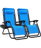 Adjustable Zero Gravity Lounge Chairs Set w/ Pillows, Cup Holders - Light Blue - £145.62 GBP