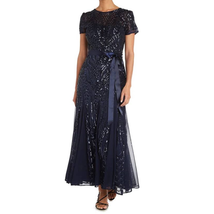R&amp;M RIchards Womens Waist Tie Dress Navy Blue Embellished Evening Gown 12 - £43.02 GBP