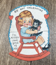 Vintage Valentine Girl in Rocking Chair with Cat Kitten Real Fond - £4.33 GBP