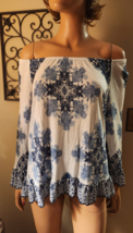 INC International Concepts Sz M Blue White Soft Rayon Knit Peasant Top T... - $17.82