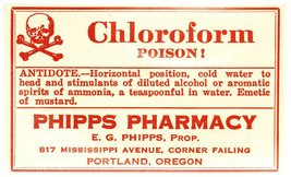 Pharmacy Label Chloroform POISON Skull and Bones Phipps Pharmacy Portland OR - £22.85 GBP