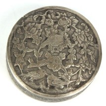 Antique Persian Silver Trinket Case Box Engraved w/ Flowers &amp; Love Birds W/ Lid - £448.70 GBP