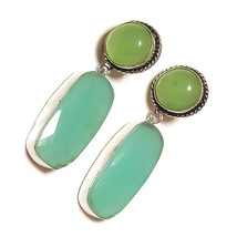 Aqua Chalcedony, Green Jade Gemstone 925 Silver Overlay Handmade Dangle Earrings - £14.85 GBP