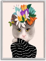 Bold Floral Design Grey Cat Striped Sweater, Design By Ioana Horvat - $76.99