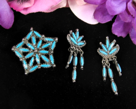 Turq-Blue 5 POINT STAR PIN &amp; Pierced EARRINGS Vintage SET Silvertone Dangle - $17.81
