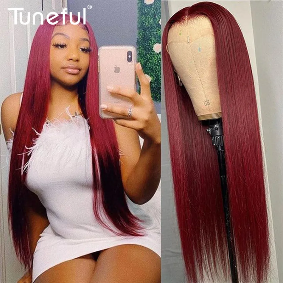 13x4 HD Transparent Colored Lace Front Human Hair Wigs 99J Burgundy Color - $138.83+