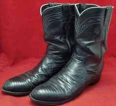 JUSTIN Style 3112 Men&#39;s Roper Toe Cowboy Boots Black Lizard Size 10D Vintage - £59.68 GBP
