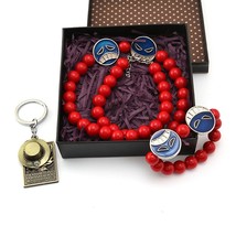 Anime New Set Red Bead Bracelet Keychain Leather Chain Necklace Men Fashion Gift - £45.62 GBP