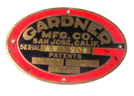 Vintage c1950 Gardner Manufacturing Co San Jose Ca AV-204 Machine Tag Plaque - £21.02 GBP
