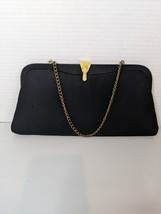 Vintage Black Clutch Purse Gold Clasp Closure 11x5in Hollywood Regency - £14.88 GBP