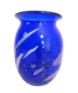 Cobalt Blue Studio Art Glass Vase White Inclusions Hand Blown Abstract 6... - $21.04