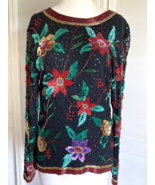 Vintage Oleg Cassini SILK Sequin Beaded Top Christmas  Poinsettias SMall 36 - $1,919.31 MXN