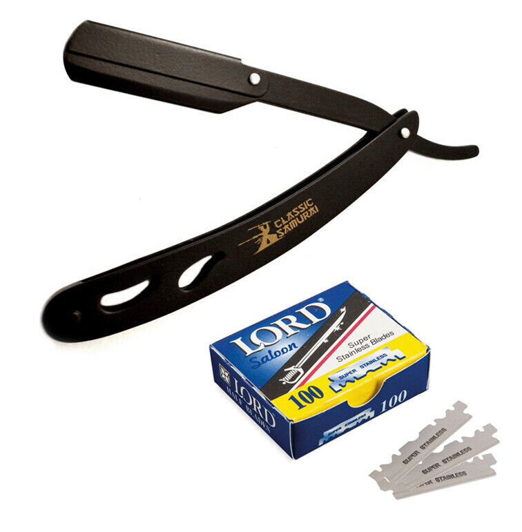 Classic Samurai Matte Black Folding Straight Razor + 100 Lord Single Blades - $15.75