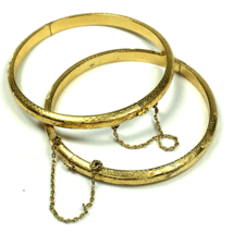 Vermeil Gold Over 925 Sterling Pair of Hinged Etched Bangle w Safety Chain - $49.00